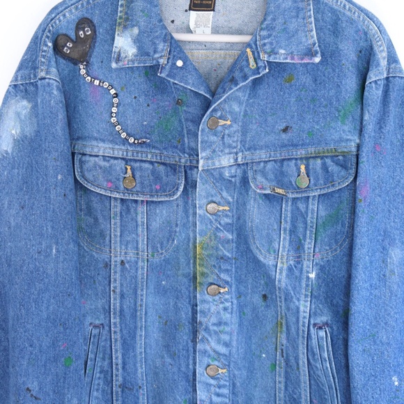 Vintage Denim Jean Jacket W Paint Splatter Size Men's Large 48 - Picture 2 of 6